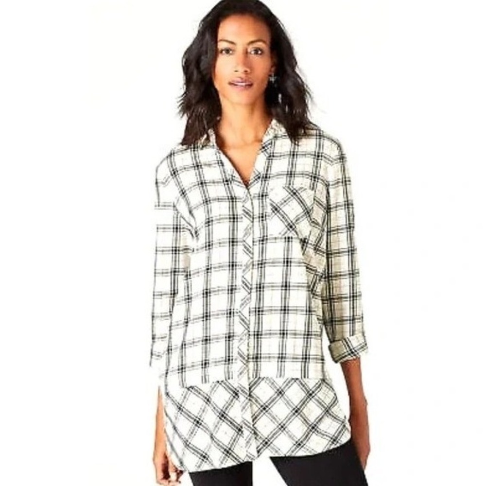 J Jill Plaid Button Down‎ Shirt Tunic Hi Low Womens XS Black White Tan Cotton